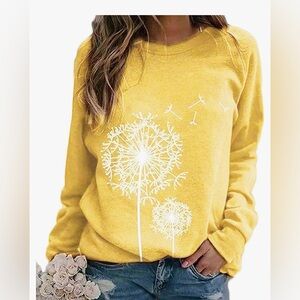 Women’s yellow sweatshirt with whimsical flower graphic in white, size large